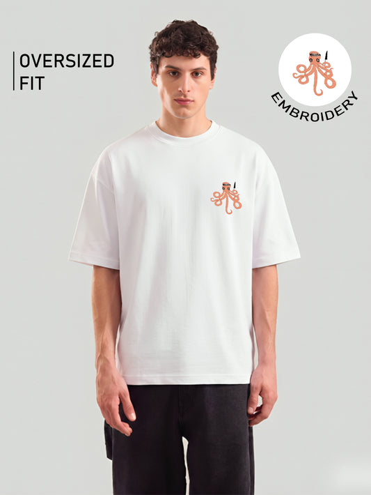 Octopus Embroidery White Oversized T-Shirt