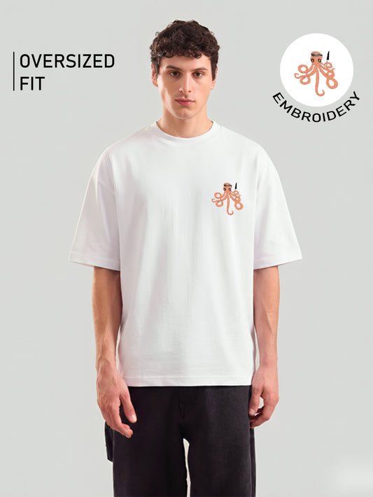 Octopus Embroidery White Oversized T-Shirt