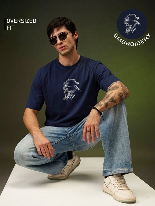 Mysterious Man Scribble Art Embroidered Oversized T-Shirt