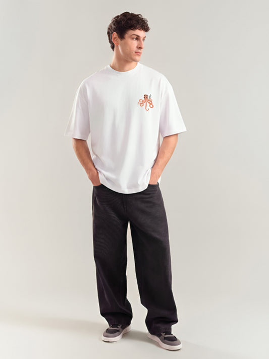 Octopus Embroidery White Oversized T-Shirt