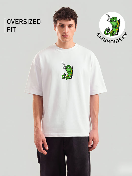 Chill Chameleon Embroidery White Oversized T-Shirt