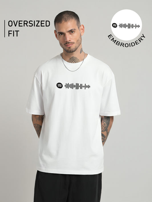 Music Code Embroidery White Oversized T-Shirt