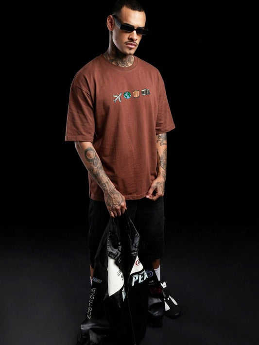 Travel Embroidery Black Oversized T-Shirt