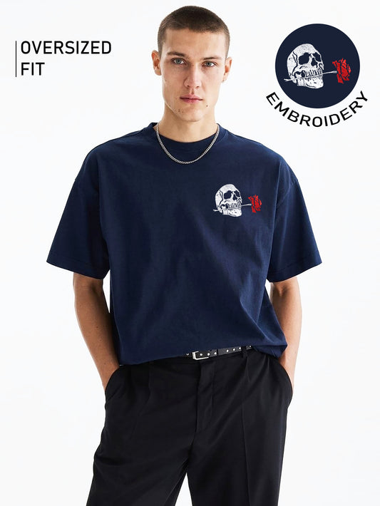 Dead Rose Embroidery White Oversized T-Shirt