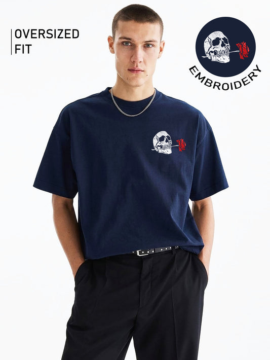 Dead Rose Embroidery White Oversized T-Shirt