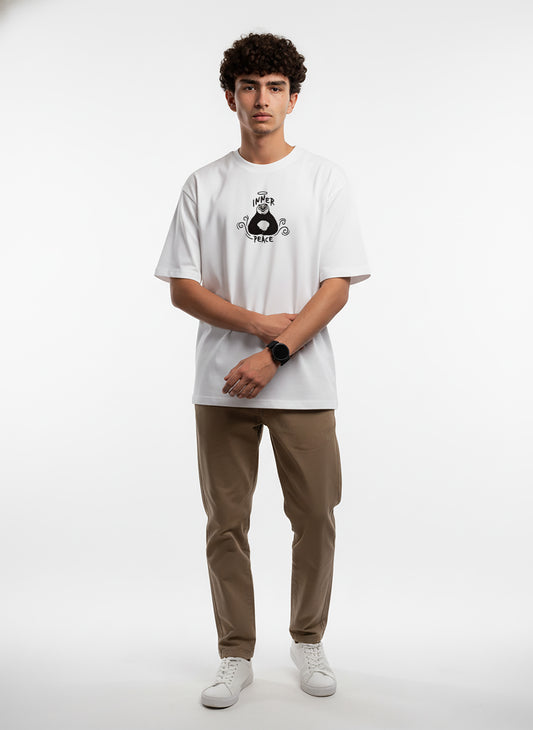Inner Peace Panda Embroidery White Oversized T-Shirt