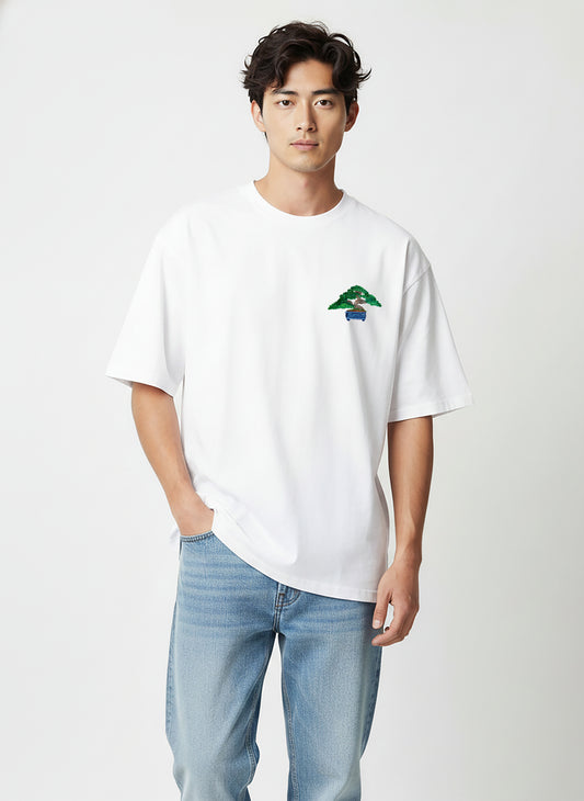 Tree Bonsai Embroidery White Oversized T-Shirt