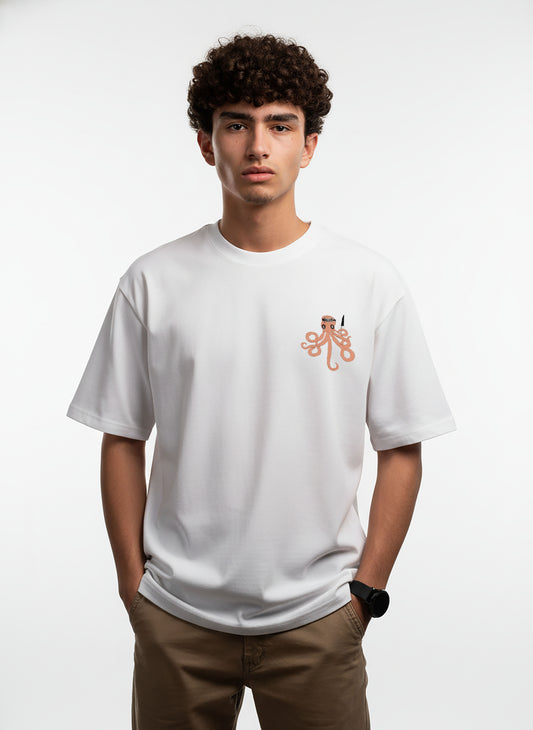Octopus Embroidery White Oversized T-Shirt