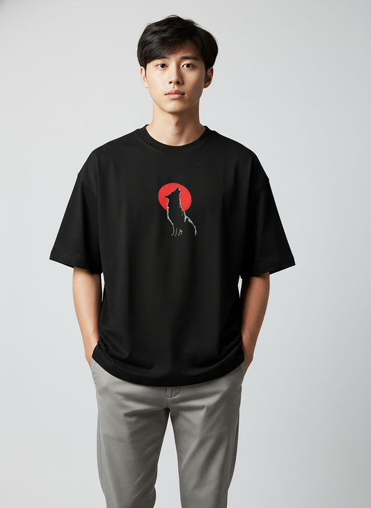 Moon Fox Embroidery Black Oversized T-Shirt