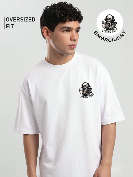 Staying Alive Embroidery White Oversized T-Shirt