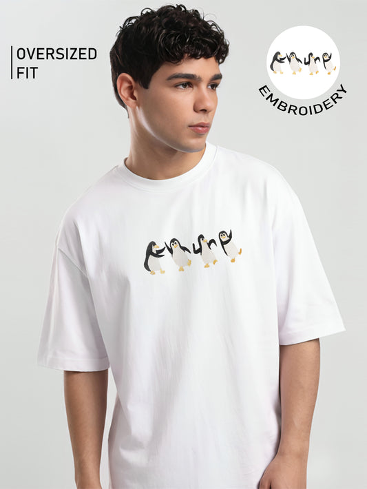 Penguin Embroidery White Oversized T-Shirt