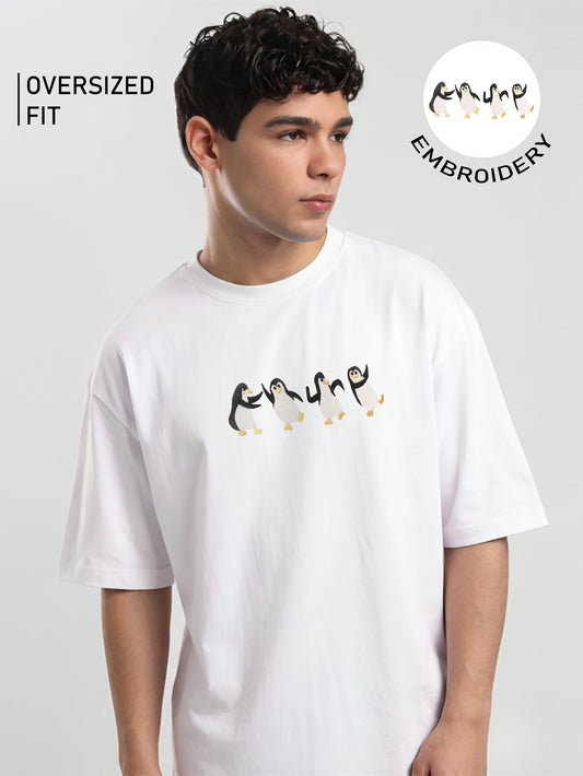 Penguin Embroidery White Oversized T-Shirt