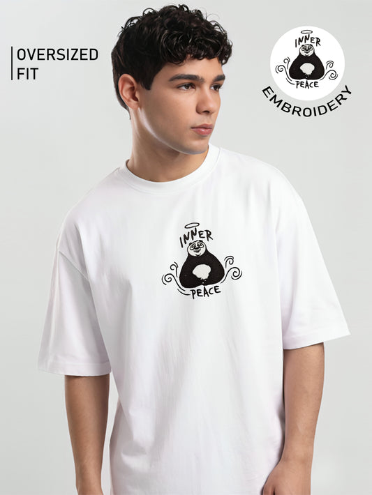 Inner Peace Panda Embroidery White Oversized T-Shirt
