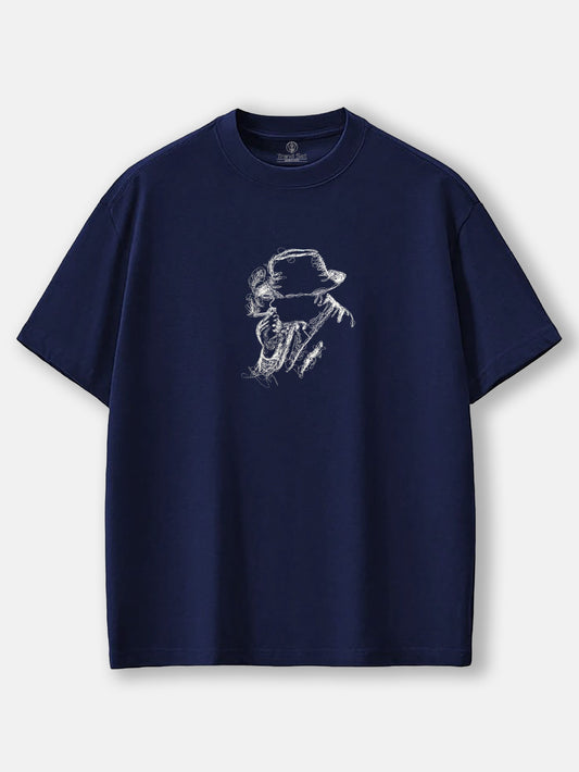 Mysterious Man Scribble Art Embroidered Oversized T-Shirt