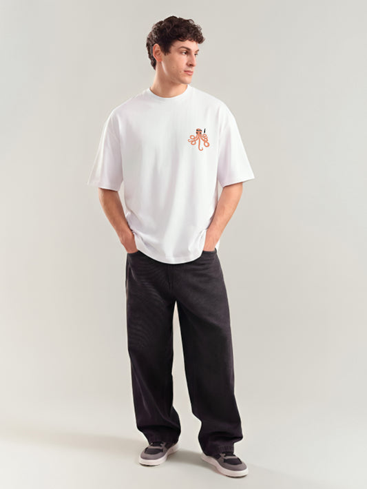Octopus Embroidery White Oversized T-Shirt