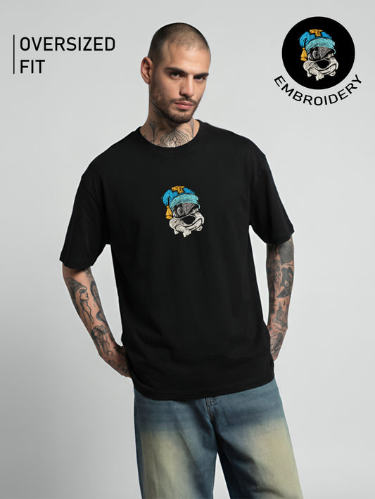 Donald Duck Embroidery Black Oversized T-Shirt