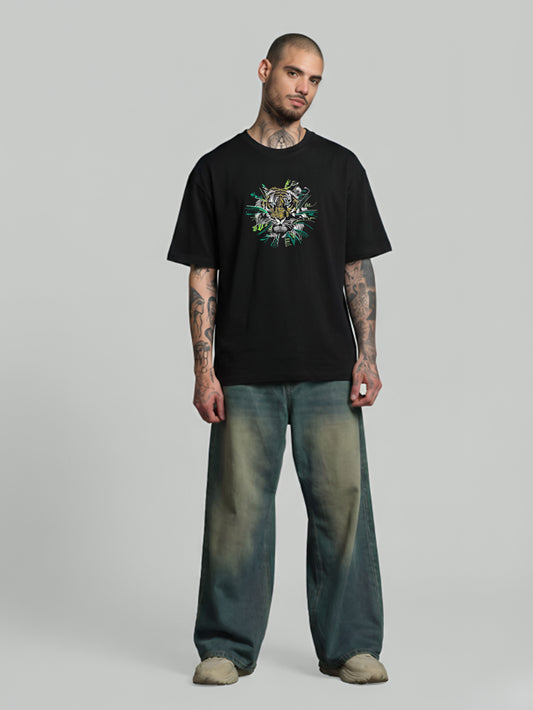 Tiger Embroidery Black Oversized T-Shirt