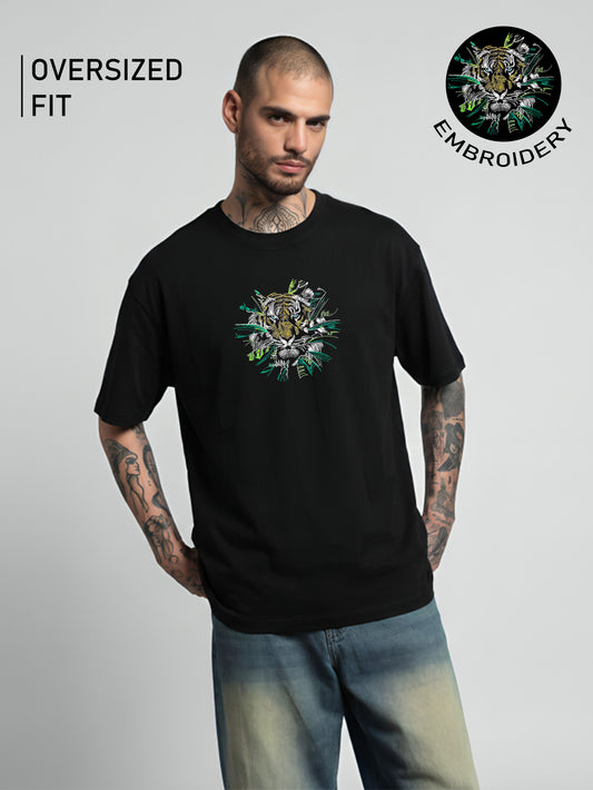 Tiger Embroidery Black Oversized T-Shirt