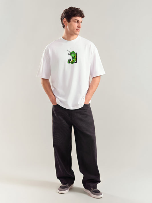Chill Chameleon Embroidery White Oversized T-Shirt