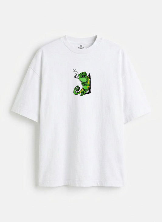 Chill Chameleon Embroidery White Oversized T-Shirt