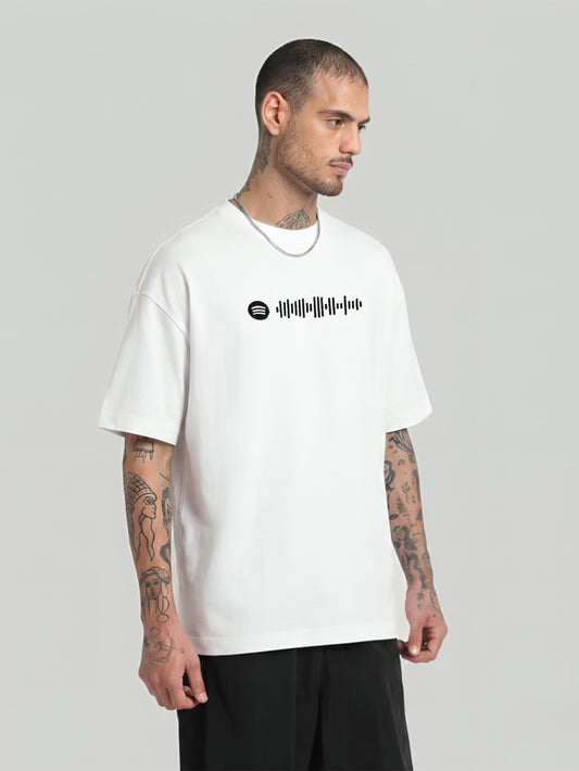 Music Code Embroidery White Oversized T-Shirt