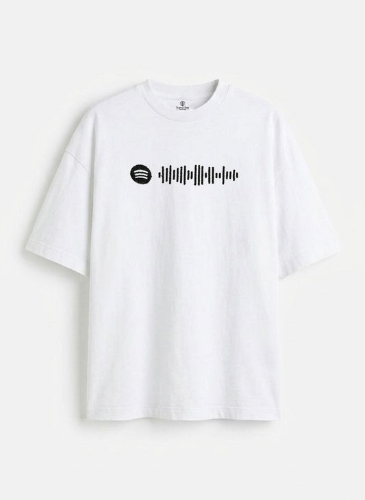 Music Code Embroidery White Oversized T-Shirt