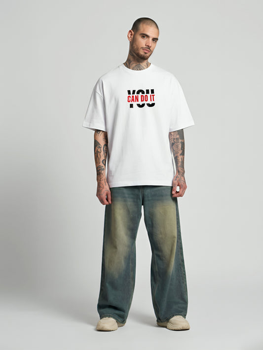 YOU CAN DO IT Embroidery White Oversized T-Shirt
