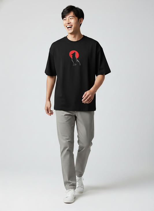 Moon Fox Embroidery Black Oversized T-Shirt