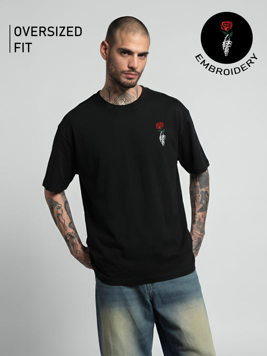 Skeleton & Rose Embroidery White Oversized T-Shirt