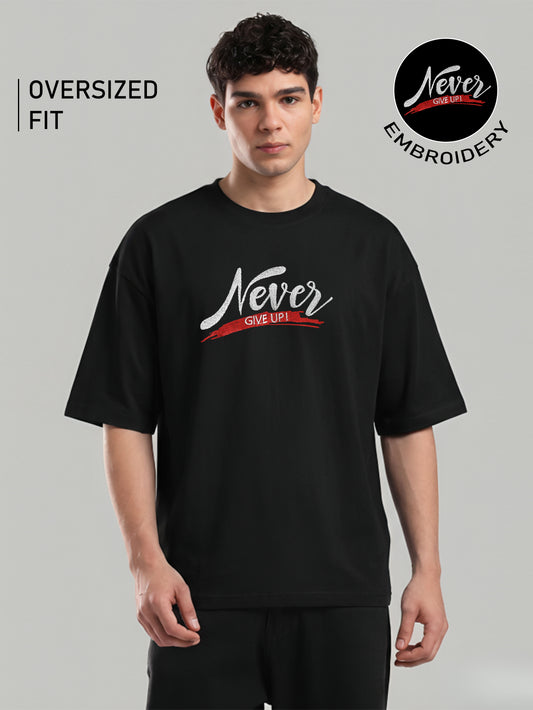 Never Give Up Embroidery White Oversized T-Shirt