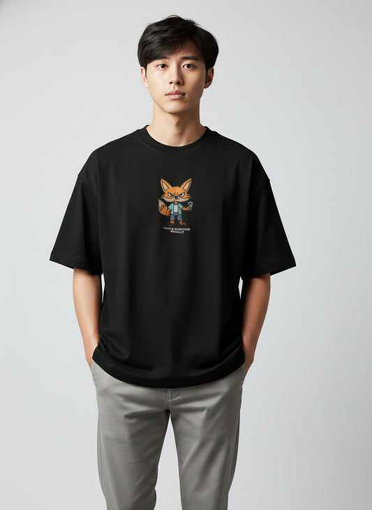 Grumpy Fox Embroidery Black Oversized T-Shirt