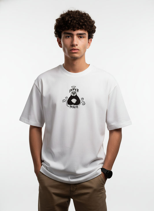 Inner Peace Panda Embroidery White Oversized T-Shirt