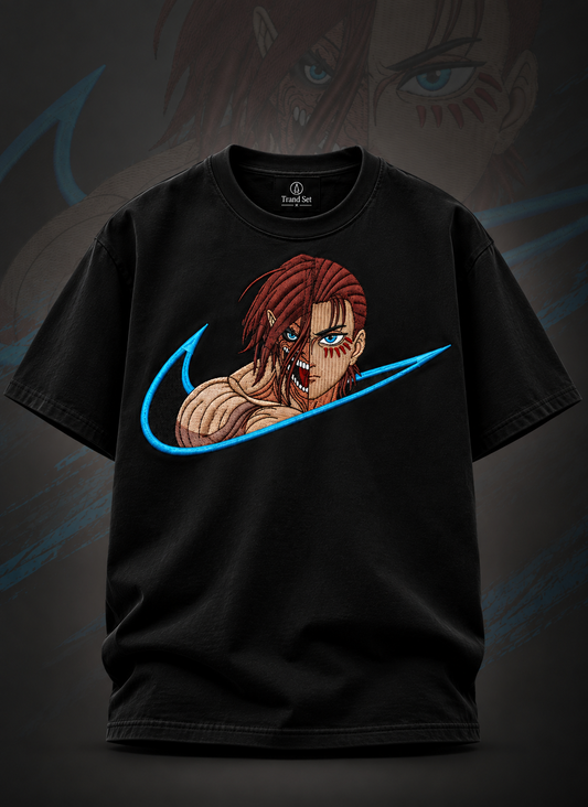 Anime Blue Swoosh Embroidered T-Shirt