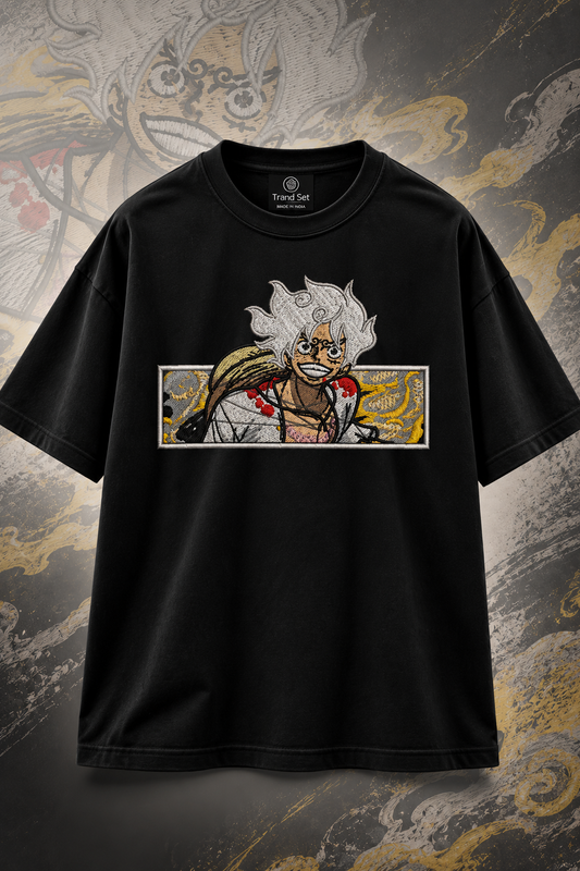 Luffy Gear 5 Embroidered Black T-Shirt